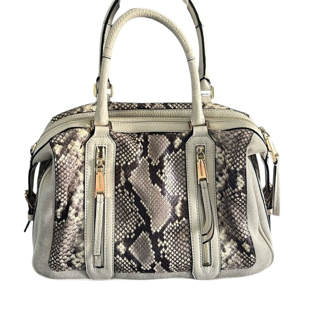 Cream ivory snakeskin style mk Michael Kors tote gold trim purse women bag MK